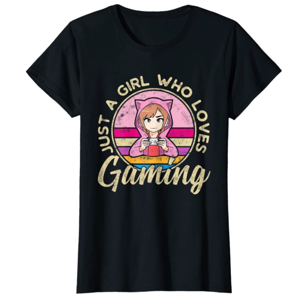 BLACK Just a Girl who loves Gaming Saying Anime Outfit Gamer Nerds T-Shirt *NEW*
